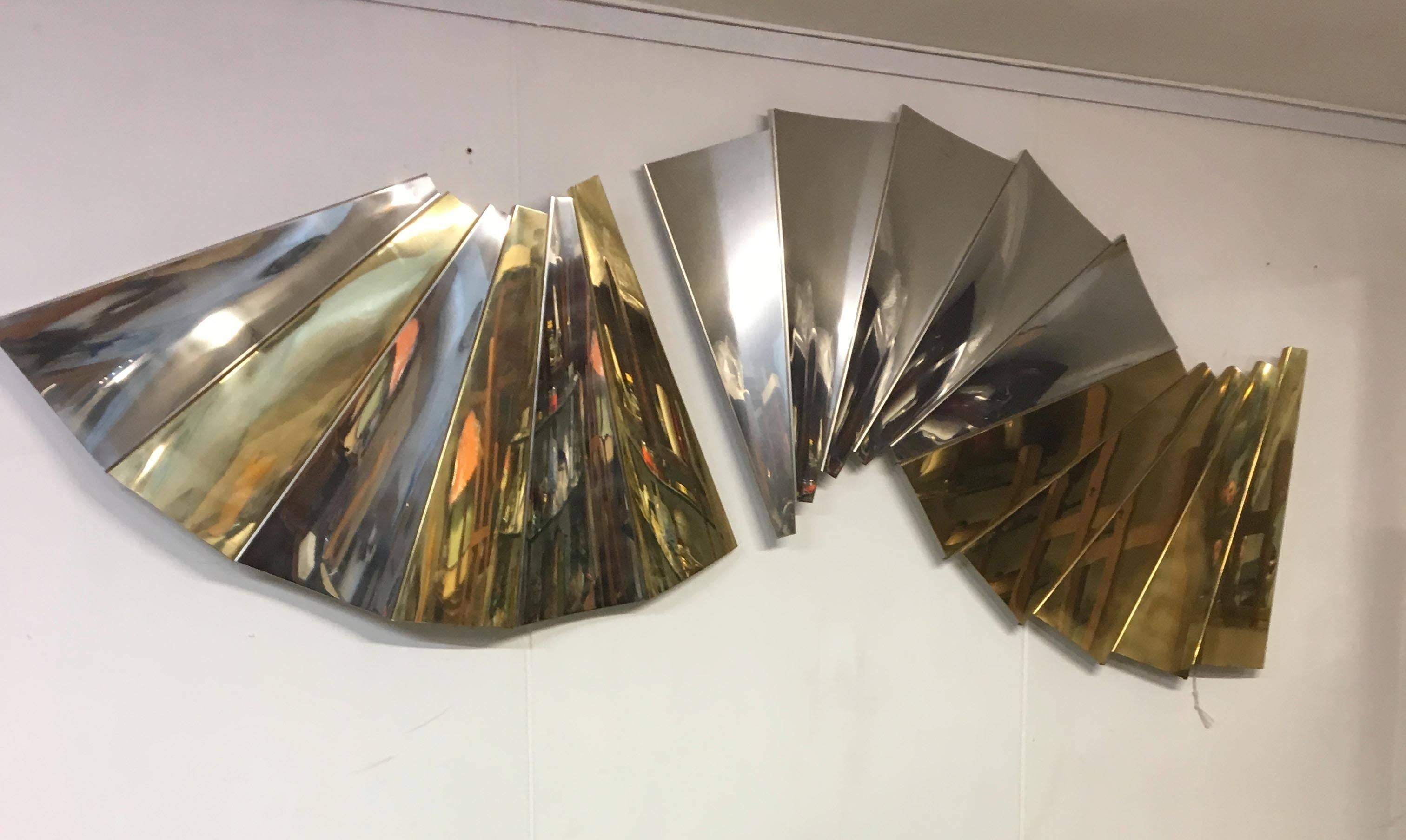 Brass and Chrome Wall Sculpture Designed by Curtis Jere - Brown Abstract Sculpture by Curtis Jeré