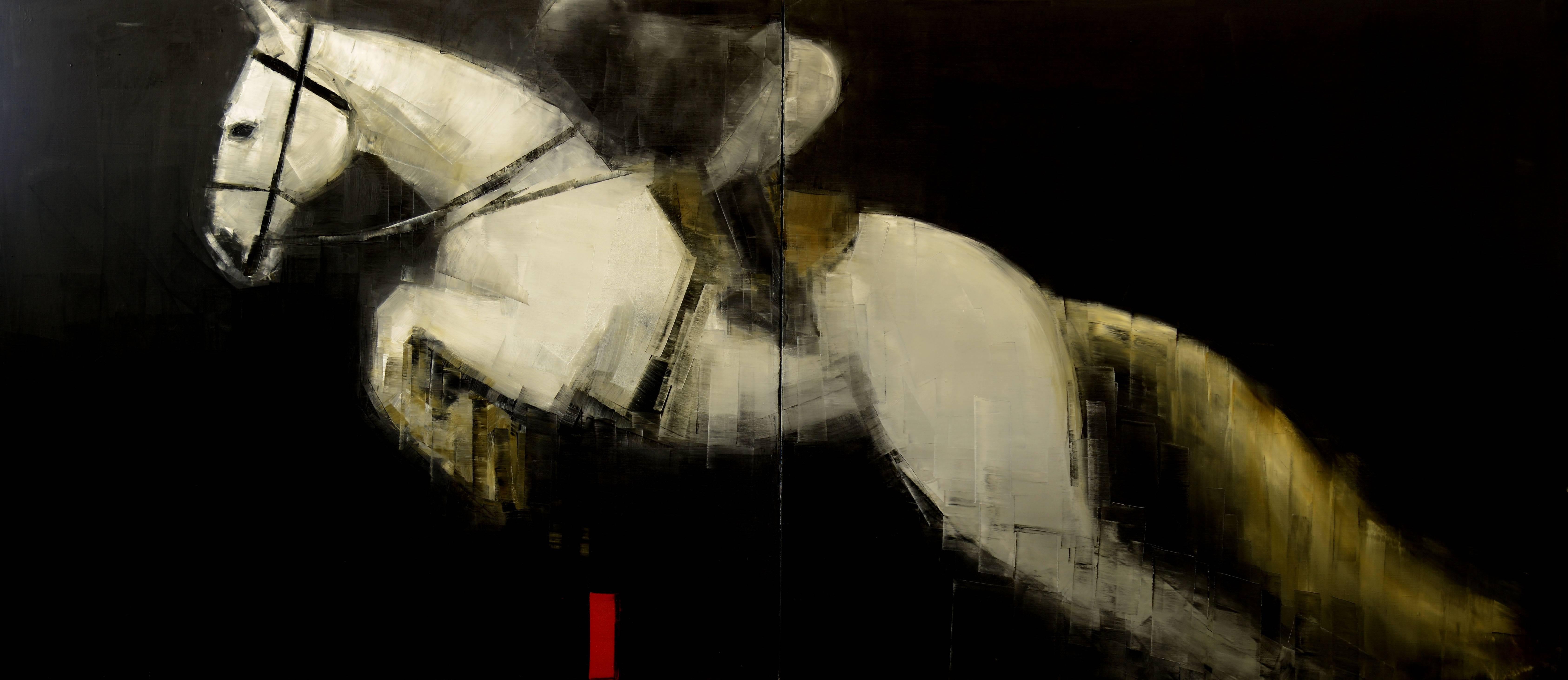 Rebecca Kinkead Animal Painting - White Horse and Rider
