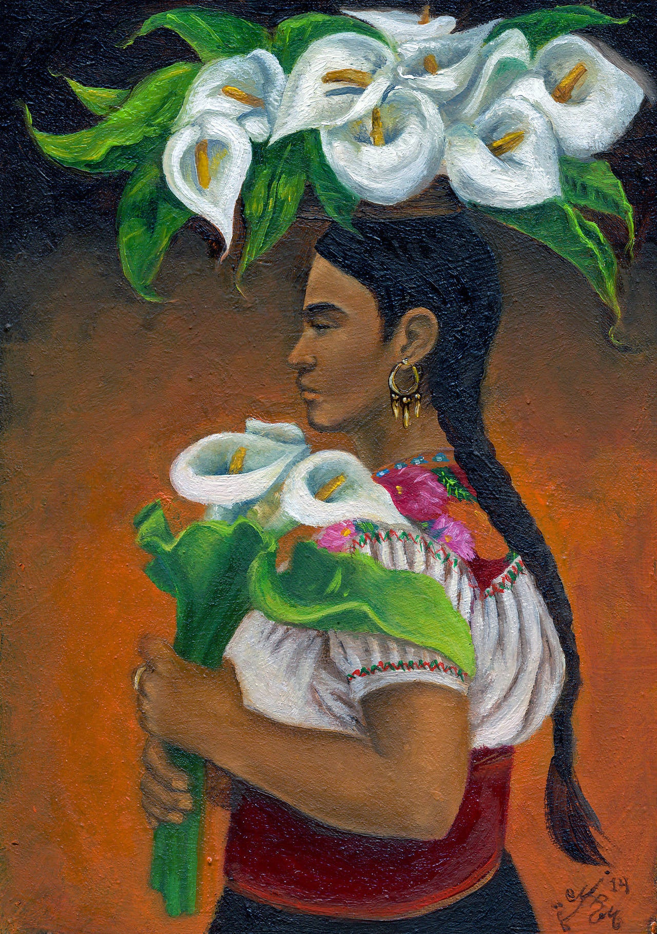 Margarita Hernández-Maxson Portrait Painting - La dama de los alcatraces, [ Lady of the Cala Lilies ]