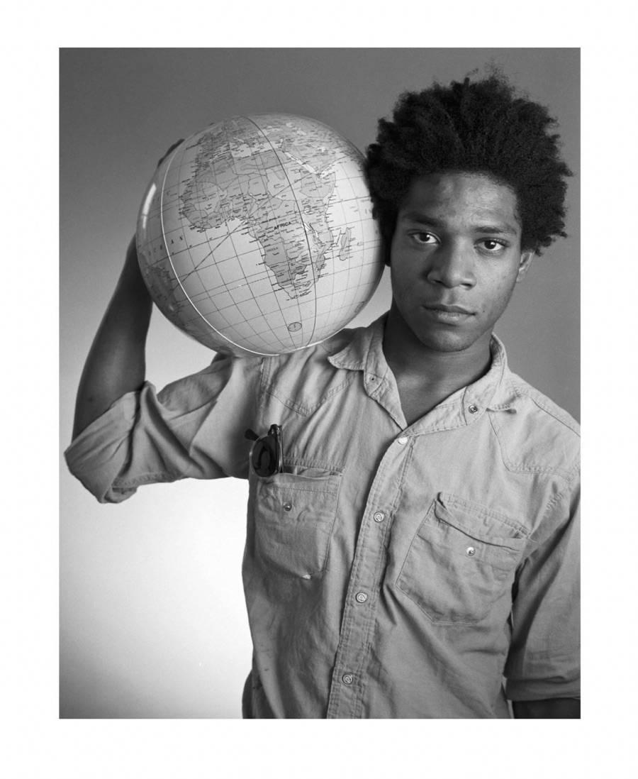 Christopher Makos Black and White Photograph - Untitled (Basquiat with Globe), Edition of 250