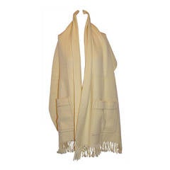 Vintage Cream Textured Fringed Wool Shawl With Deep Pockets