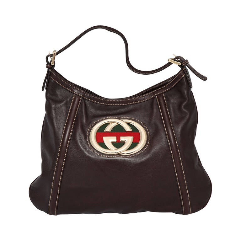 Large Gucci Brown Leather Shoulder Bag For Sale