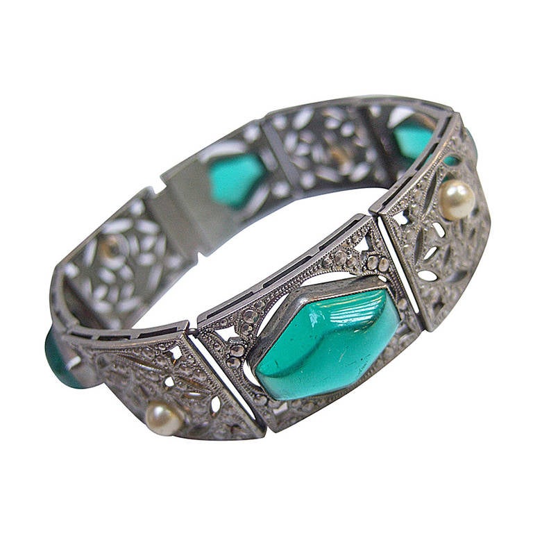 Art Deco 1930s Emerald Glass Cabochon Maracasite Bracelet