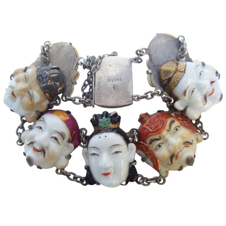Seven Lucky Gods of Japan Silver Bracelet ca 1950s