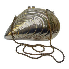 Vintage Opulent Gilt Metal Clam Shell Evening Bag Made in Italy c 1970