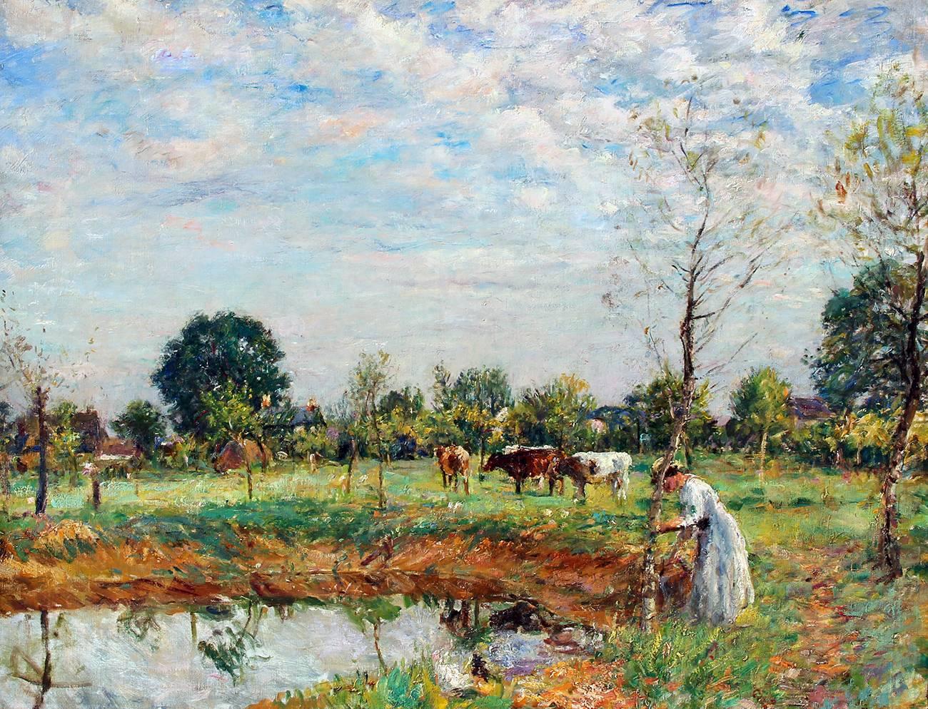William Mark Fisher Figurative Painting - Silvery Day, The Farm Pond