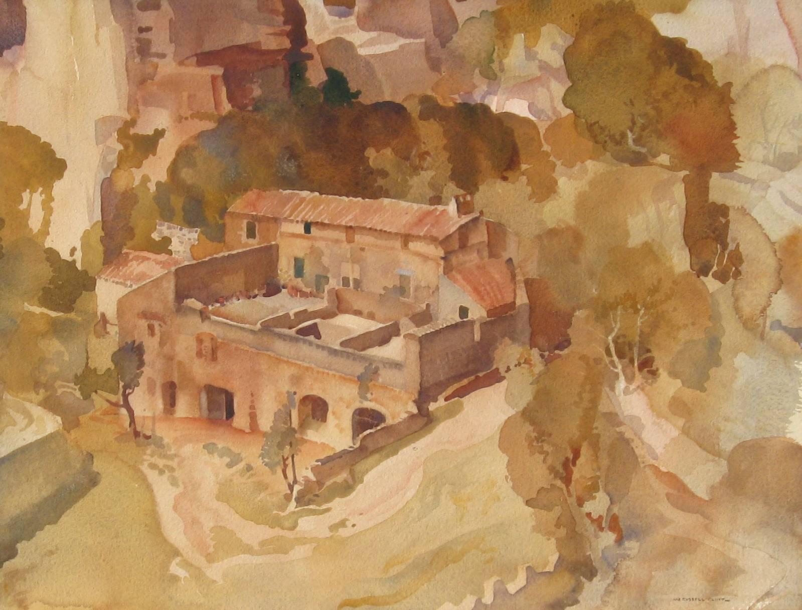 William Russell Flint Landscape Art - A Farm at Les Baux, Provence, Watercolor on Paper, British