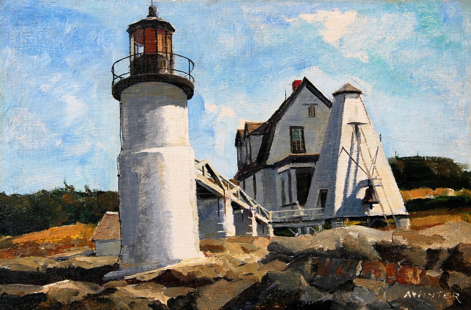 Andrew Winter Landscape Painting - Marshall Point Lighthouse, Port Clyde, Maine, Oil on Artists' Board, American