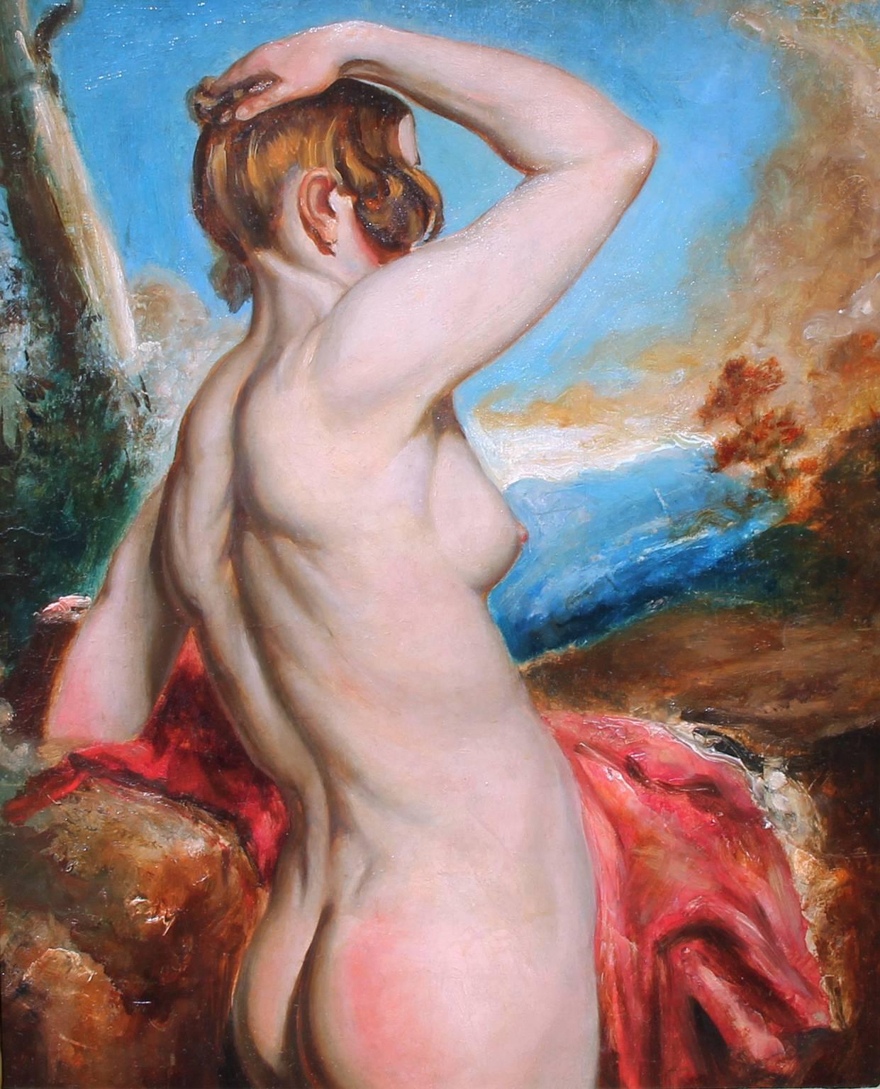 William Etty R.A. Nude Painting - Female Nude with Red Drapery, Oil on Board, British