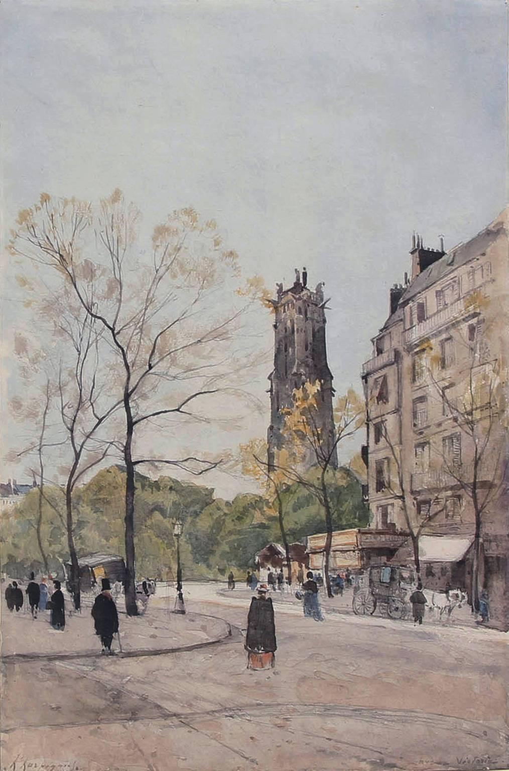 Henri Joseph Harpignies Landscape Art - La Tour St. Jacques from Avenue Victoria, Paris, Watercolor on Paper, French