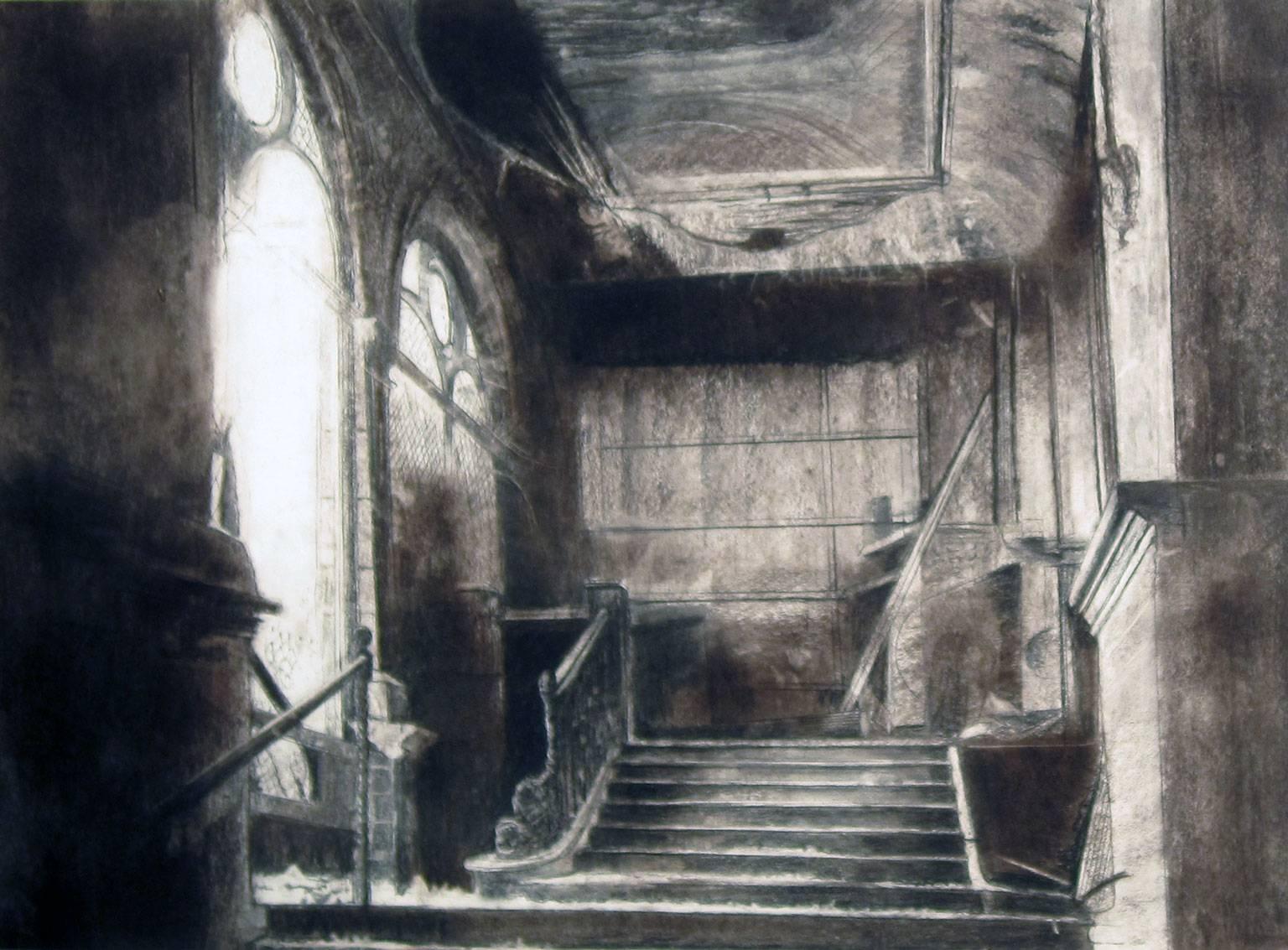 Michael Davis Interior Art - Abandoned Interior, Charcoal Conté on Paper, British