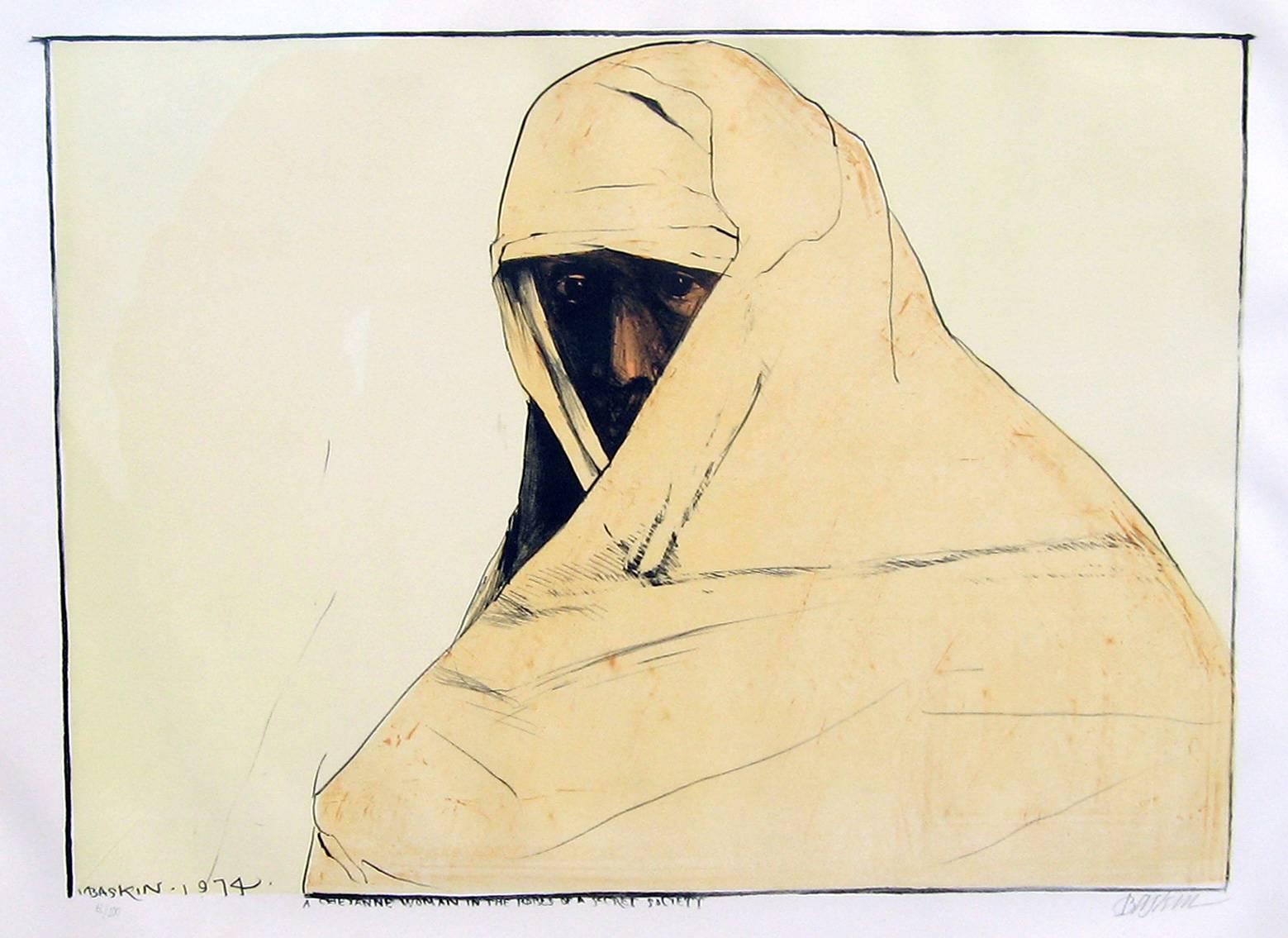 Leonard Baskin Figurative Art - Cheyenne Woman in the Robes of a Secret Society, Lithograph in Colors, American