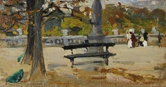 Antique Park Bench, Paris, Oil on Board, French