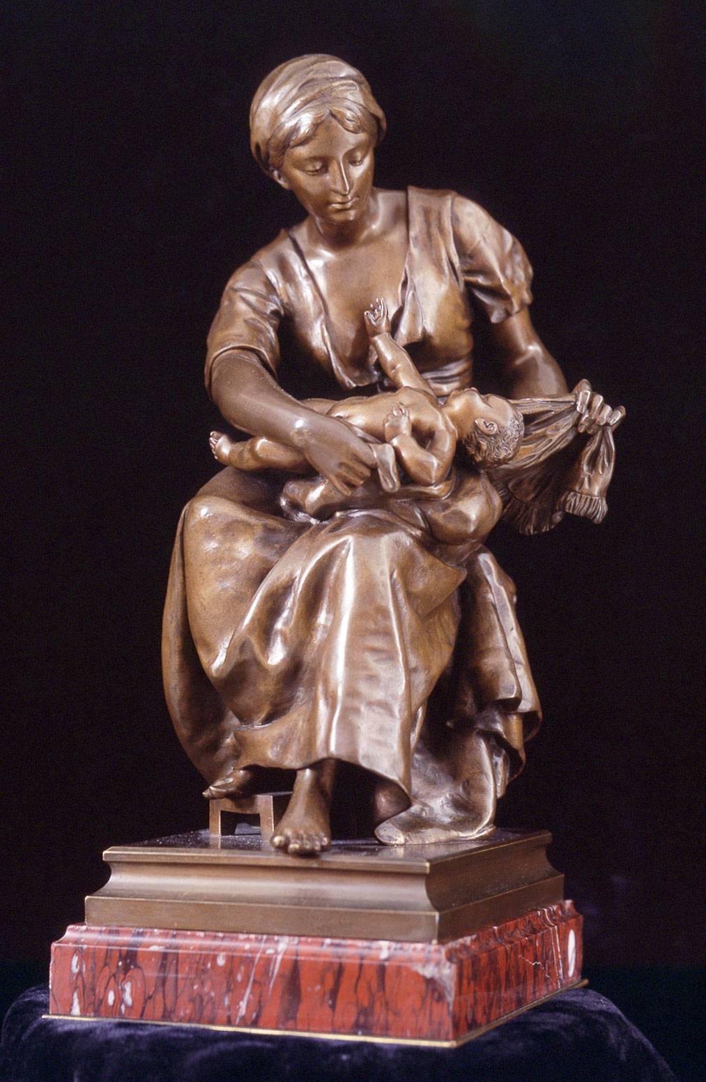 Pierre-Louis Détrier Figurative Sculpture - Mother and Child, Bronze, Medium Brown Patina, French, 1883