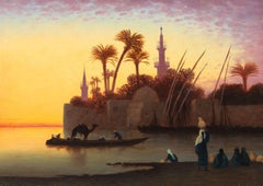 Along the Nile at Sunset, Oil on Panel, French