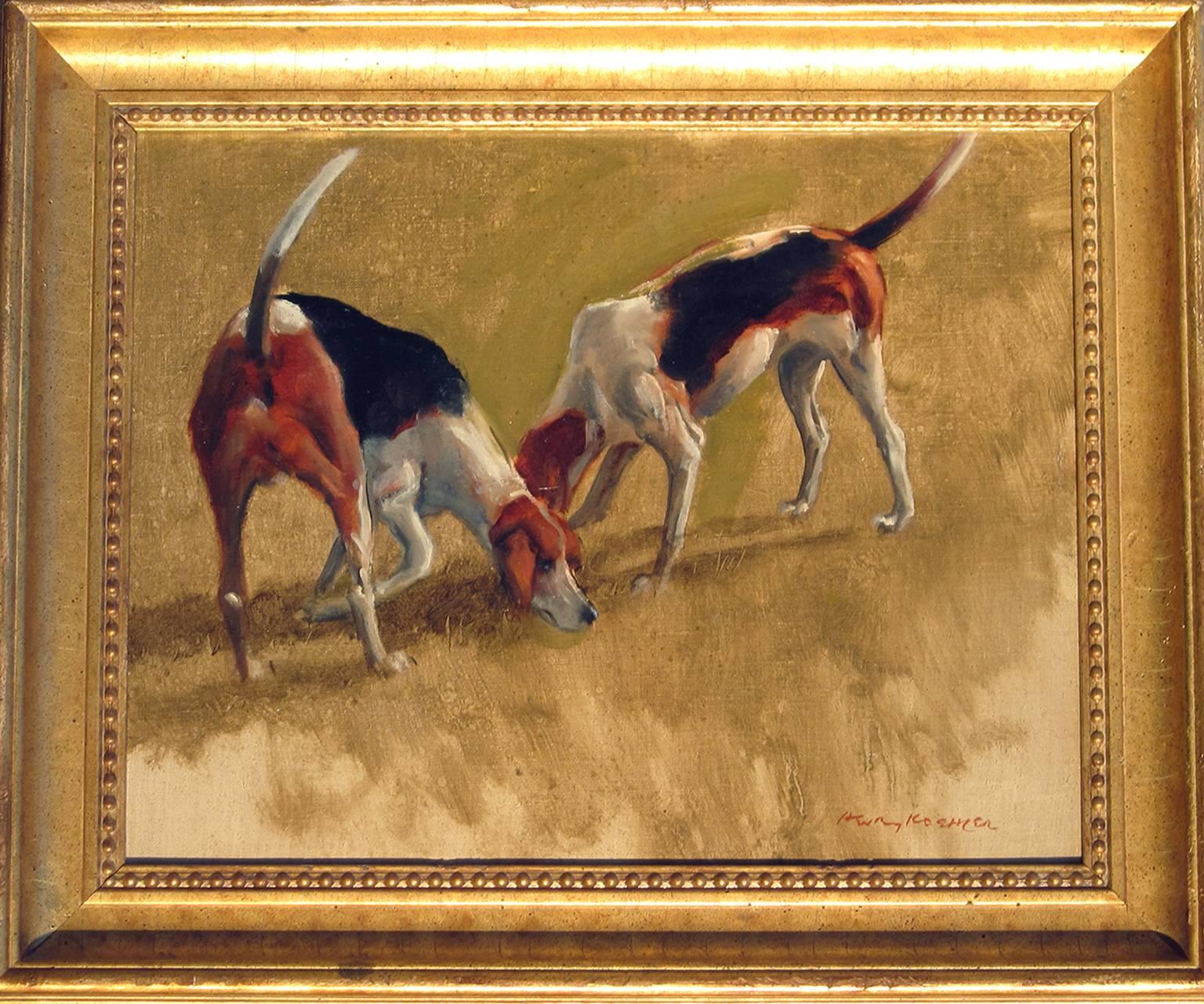 Two Fox Hounds, Oil on Canvas Laid Down on Panel, American - Painting by Henry Koehler
