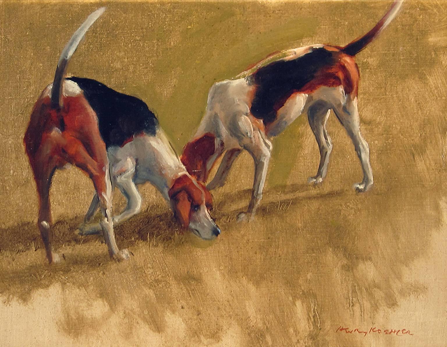Henry Koehler Animal Painting - Two Fox Hounds, Oil on Canvas Laid Down on Panel, American