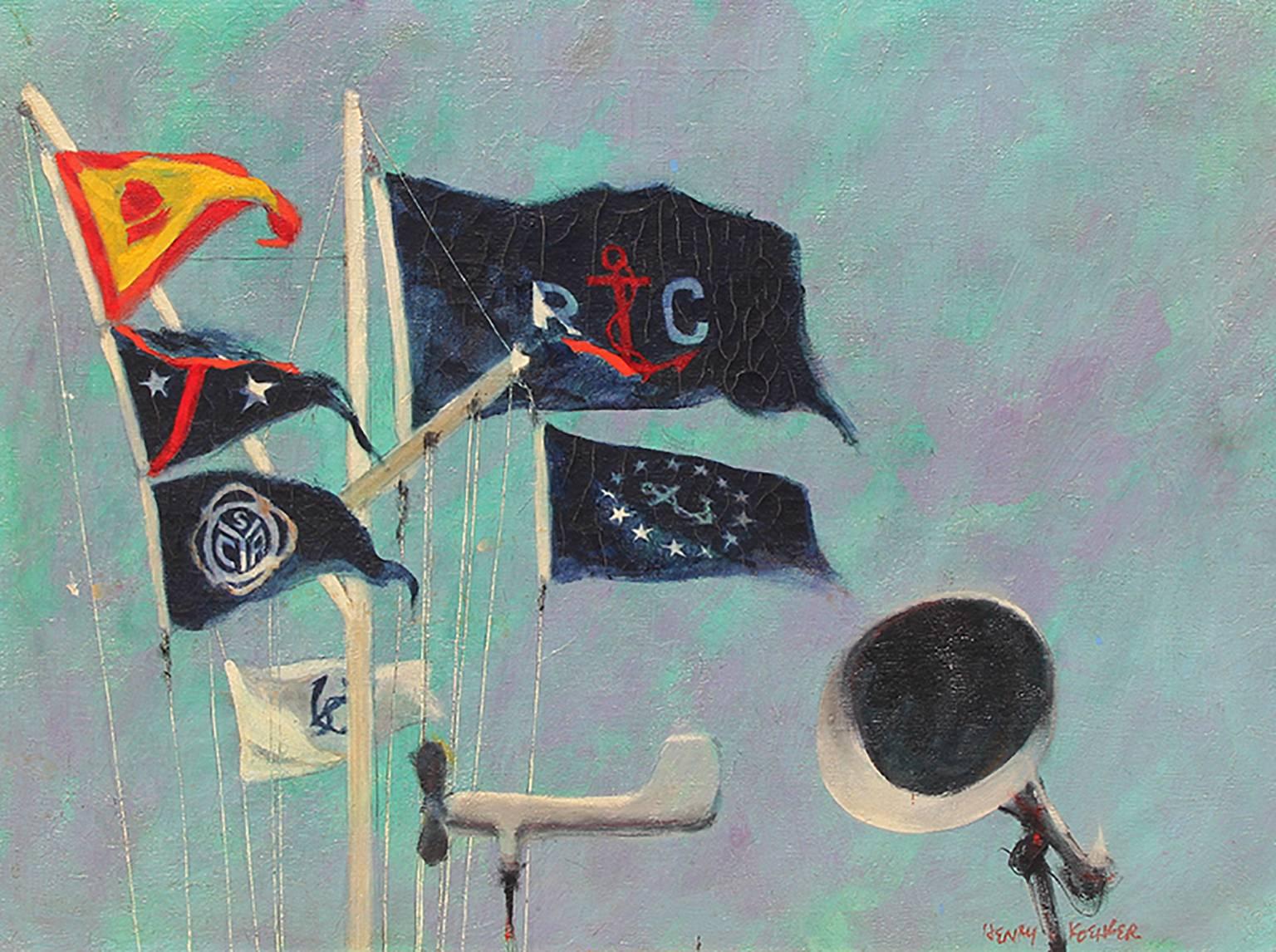 Henry Koehler Landscape Painting - Mission Bay Yacht Club Flag Staff, Oil on Canvas, American, 1960