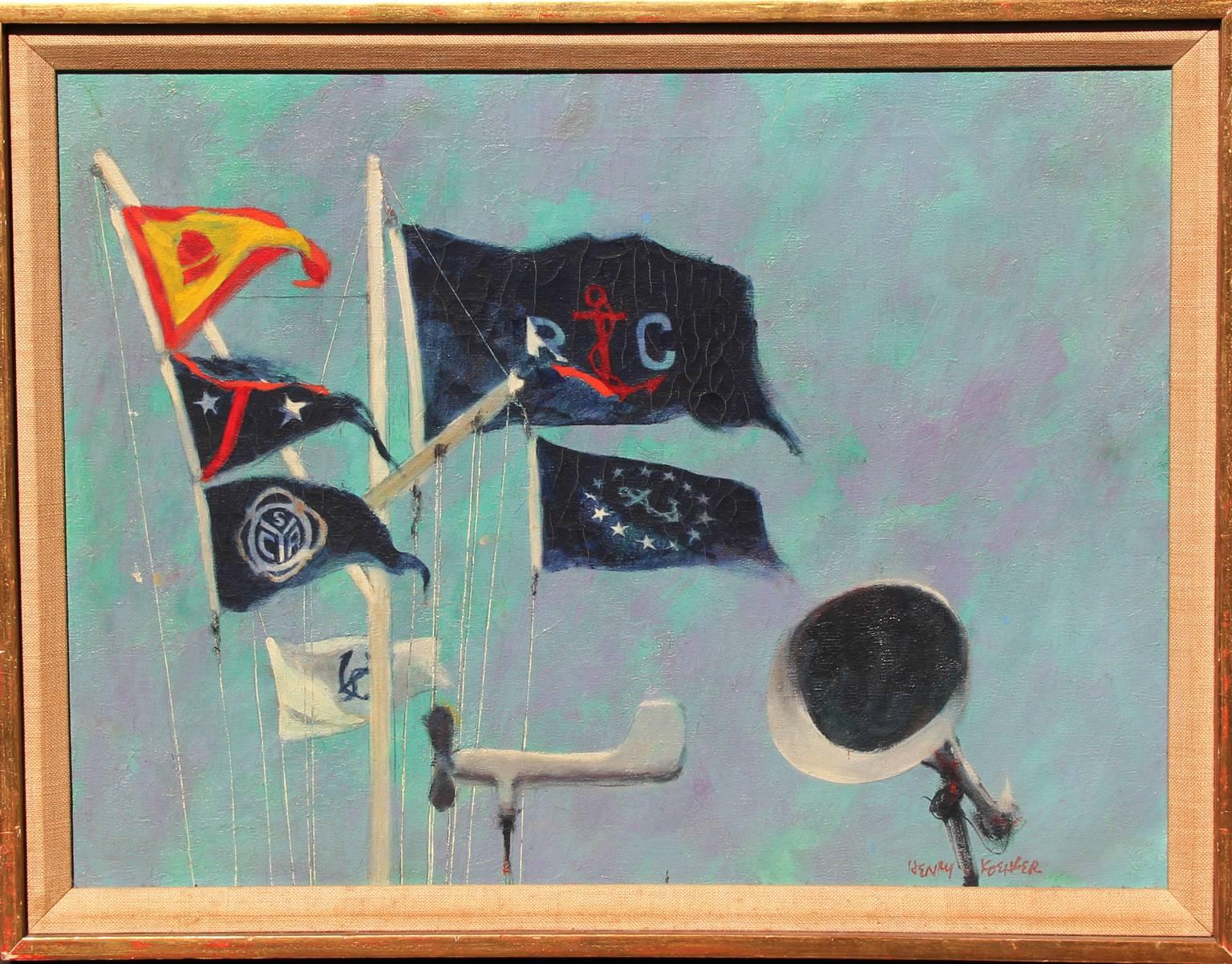 Mission Bay Yacht Club Flag Staff, Oil on Canvas, American, 1960 - Painting by Henry Koehler