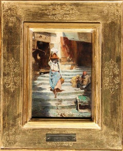 Returning from the Market, Oil on Panel, French