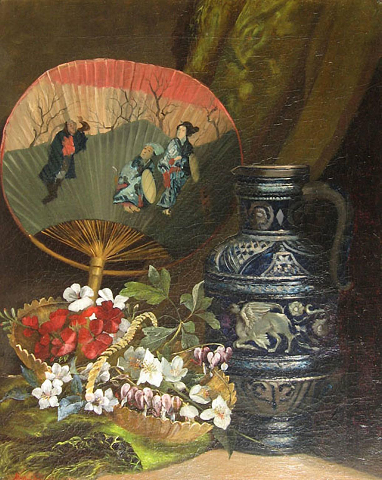 Henri Saintin Still-Life Painting - Still Life with Oriental Fan, Oil on Canvas, French