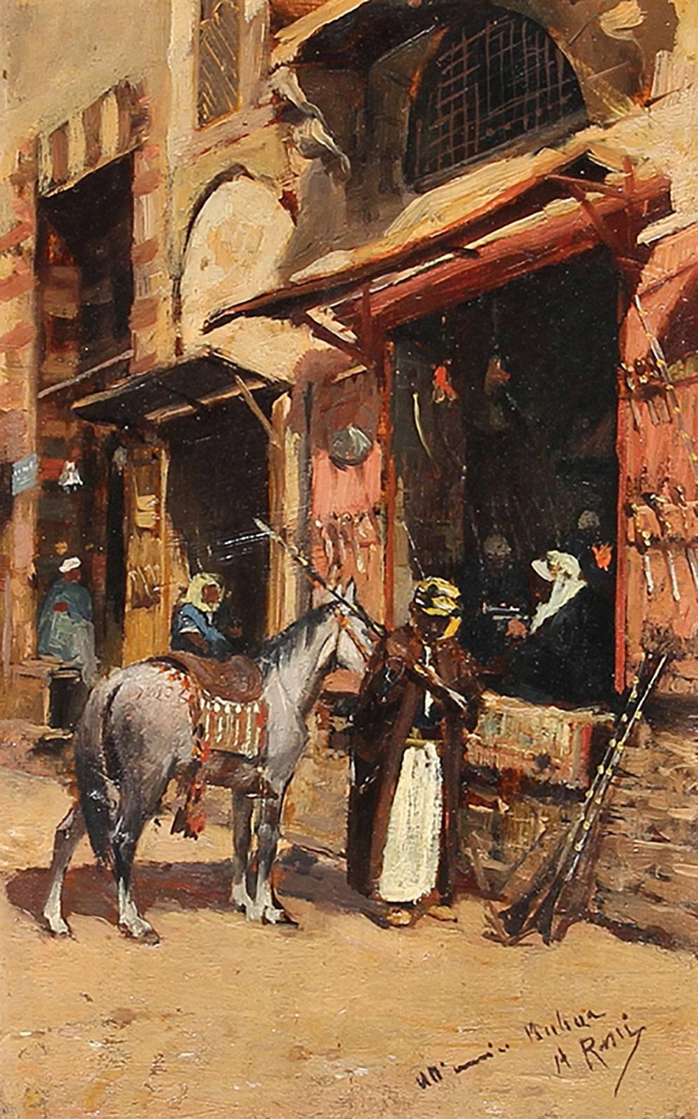 Alberto Rossi Figurative Painting - An Arab Market, Oil on Panel, Italian