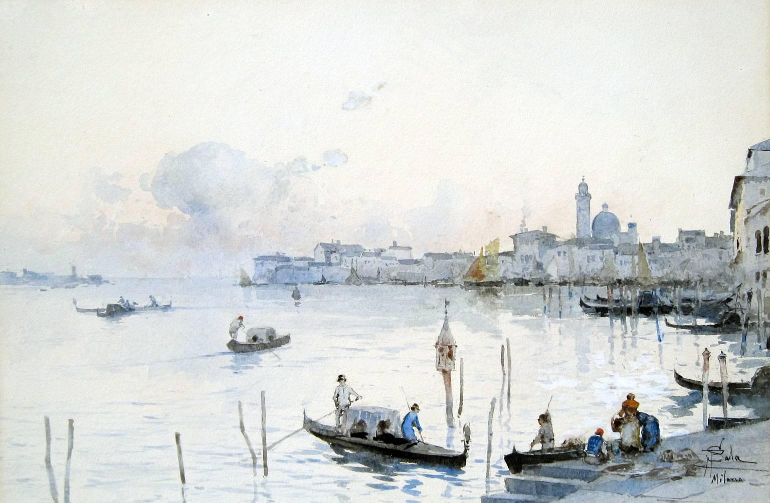 Paolo Sala Landscape Art - Venetian Gondoliers, Watercolor on Paper, Italian