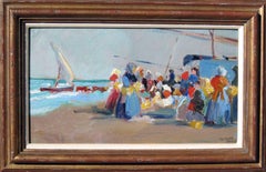 At the Beach, Oil on Canvas Laid Down on Board, Ernesto Valls Sanmartin, Spanish