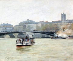 Antique Bateau Mouche sur la Seine, Paris, Oil on Canvas, Pierre Vauthier, French