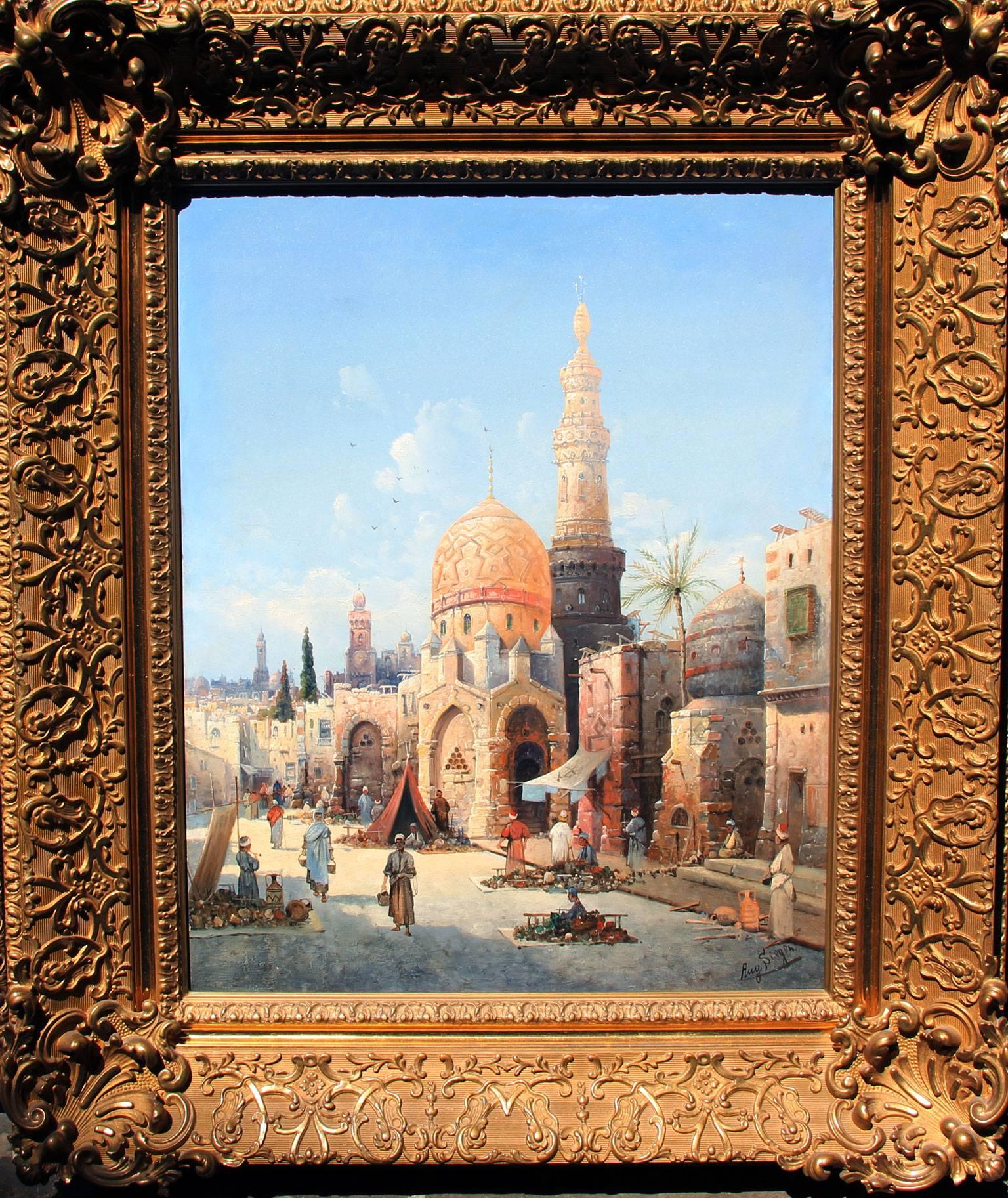 A Street Market in Cairo, Oil on Panel, August von Siegen, German For Sale 1