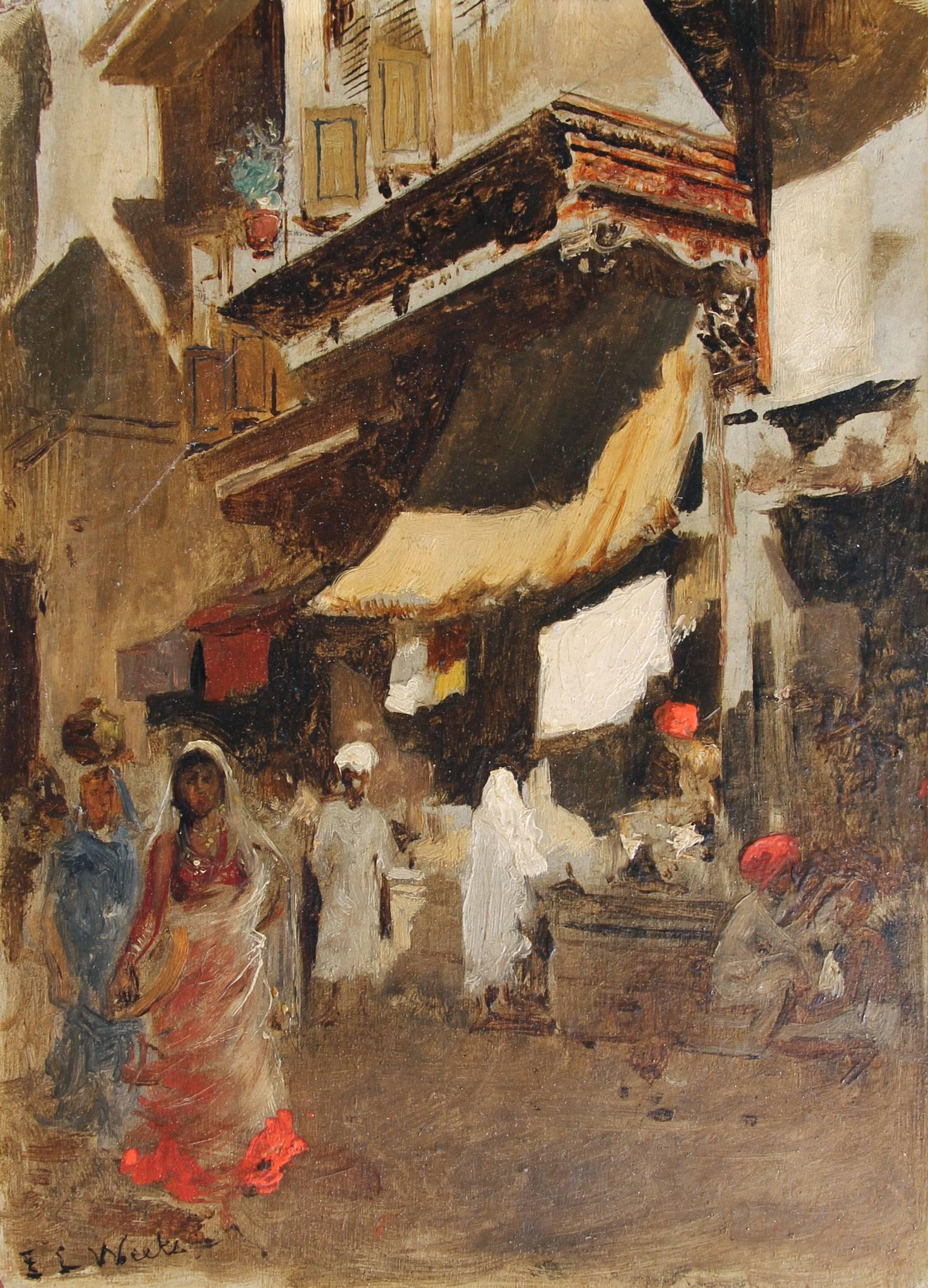EDWIN LORD WEEKS
American, 1849–1903

Street Scene in Bombay

Signed E.L. Weeks, also inscribed on the reverse Please return to E.L. Weeks/ 128 Av. de Wagram, Paris
Oil on board
8¾ x 6¼ inches (22 x 16 cm)
Framed: 14¾ x 12½ (37.5 x 32 cm)

This work