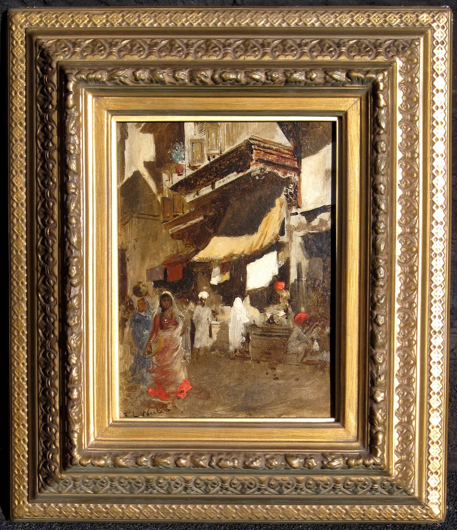 Street Scene in Bombay, Oil on Board, Edwin Lord Weeks, American For Sale 1
