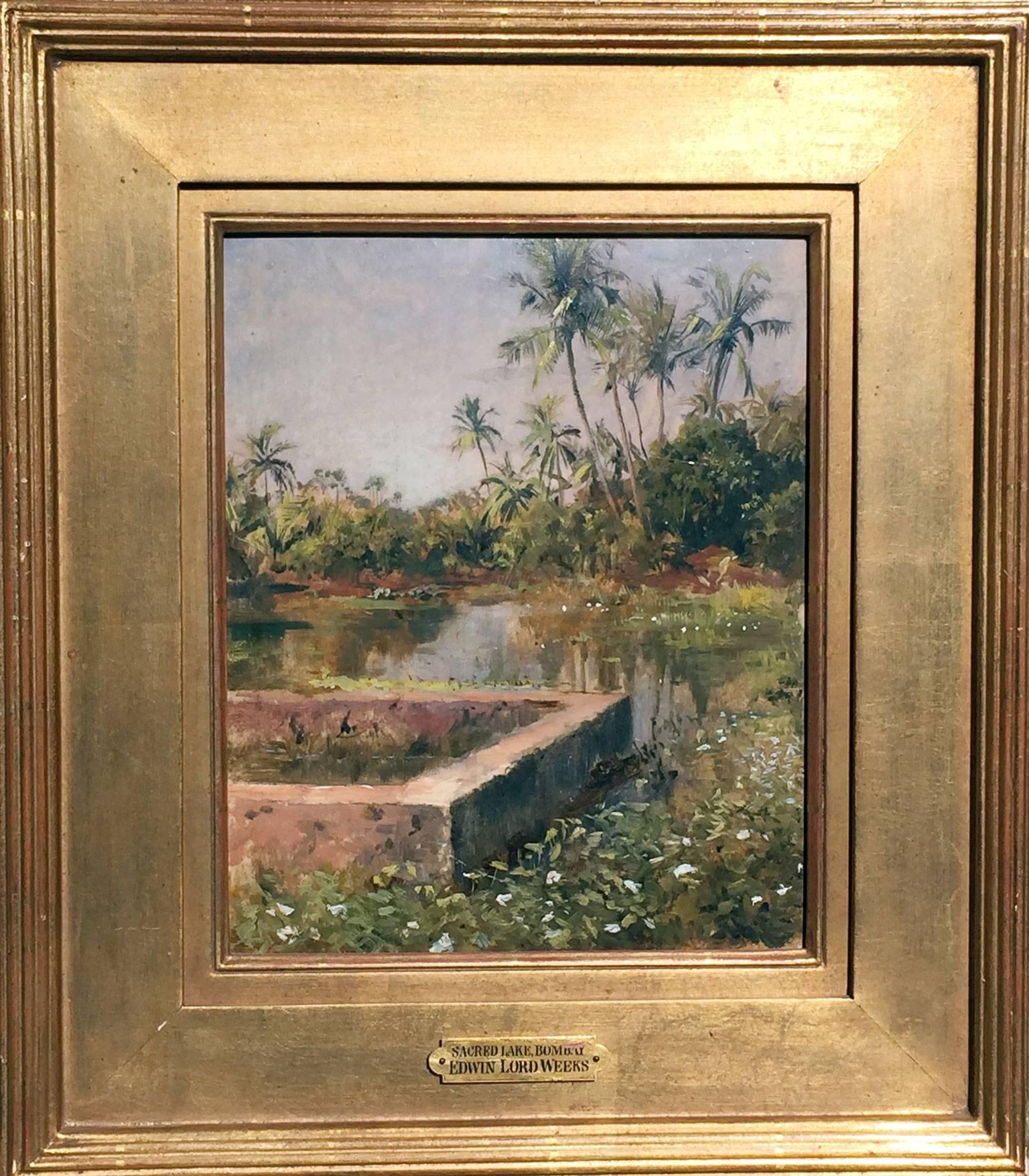 Sacred Lake, Bombay, Oil on Board, Edwin Lord Weeks, American, 1885 For Sale 1