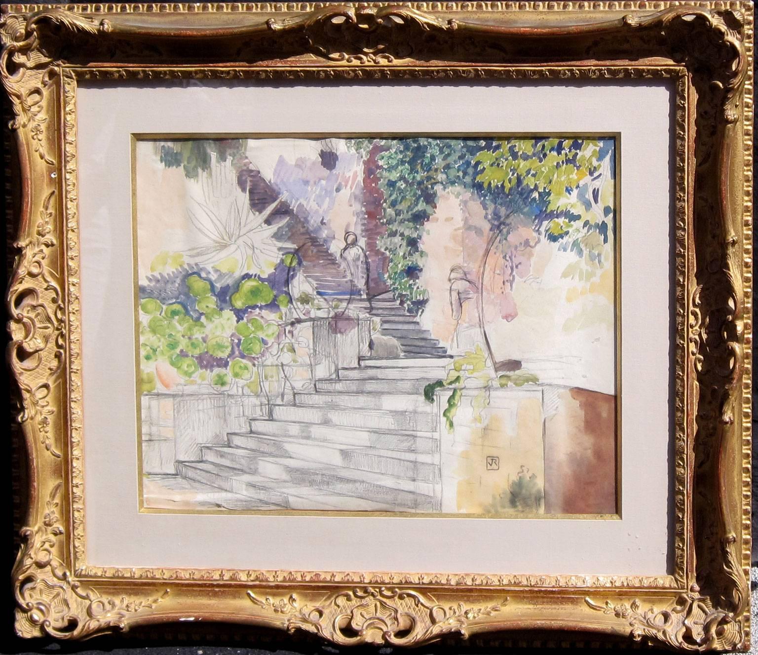 L'Escalier, Pencil and Watercolor on Paper, Théo van Rysselberghe, Belgian - Painting by Theo van Rysselberghe