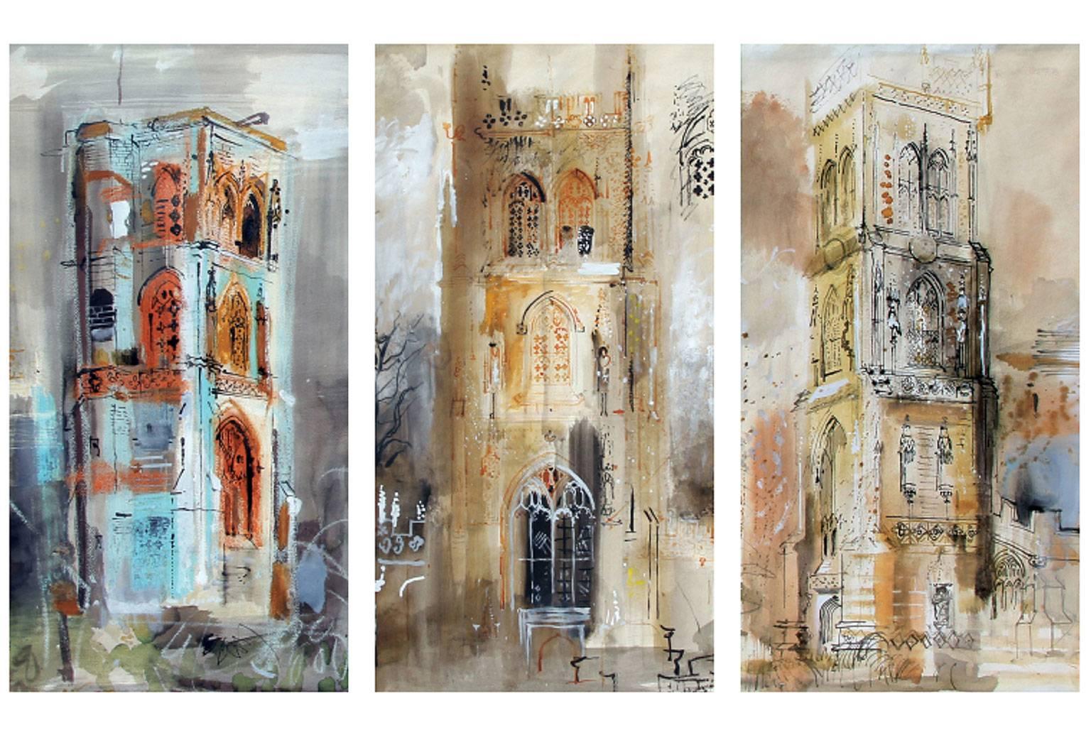 JOHN PIPER
British, 1903–1992

Three Somerset Towers

Signed, titled and dated on the reverse Three Somerset Towers/ John Piper/ 1954 on the backboard; also inscribed with the names of the churches (viewed left to right) Ruishton, Ile Abbotts,