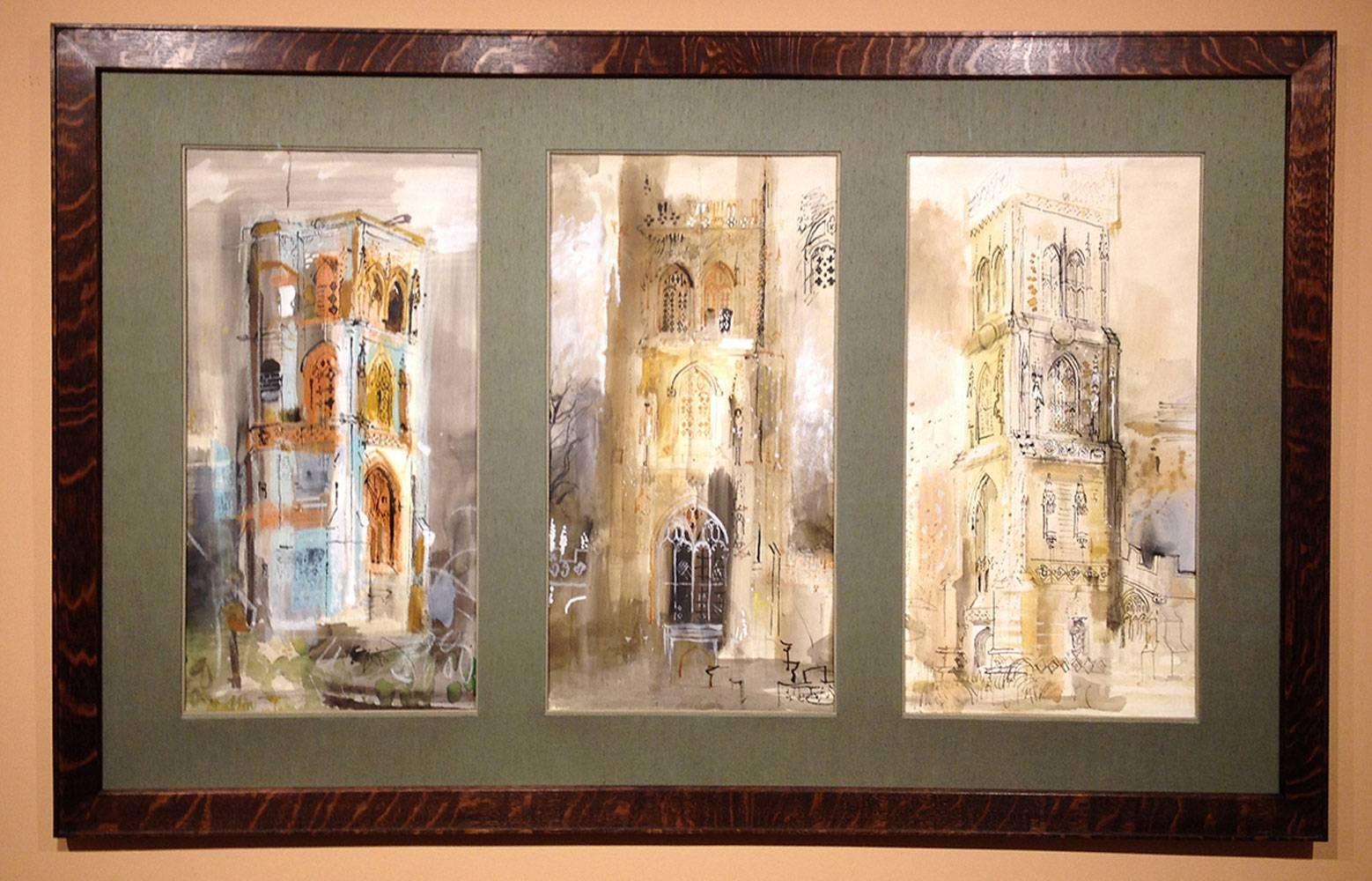Three Somerset Towers, Watercolor and Gouache on Paper, John Piper, British For Sale 1