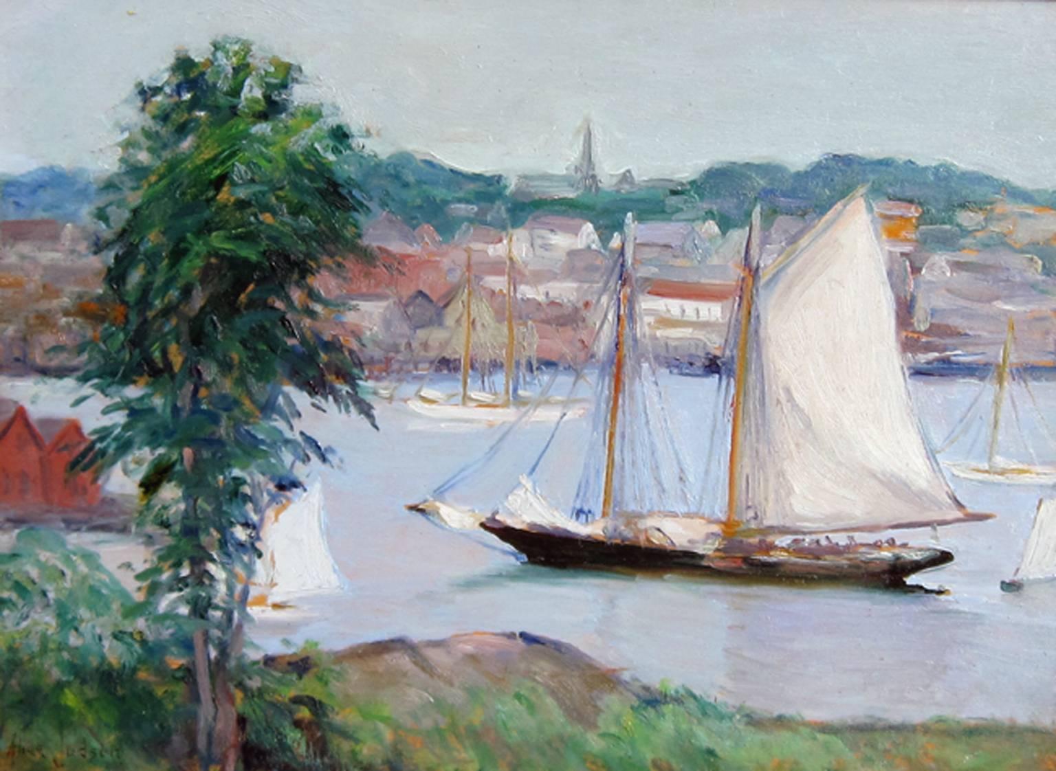 ALICE JUDSON
American, 1876–1948

Schooner at Anchor, Gloucester, Massachusetts

Signed Alice Judson, also titled on a label attached to the reverse
Oil on panel
11½ x 15½ inches (29.2 x 39.2 cm)
Framed: 19½ x 23 inches (49.5 x 58 cm)
