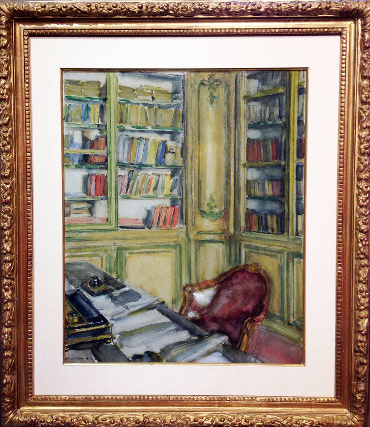 Library at Château du Bréau, Watercolor on Board, Walter Gay, American For Sale 1