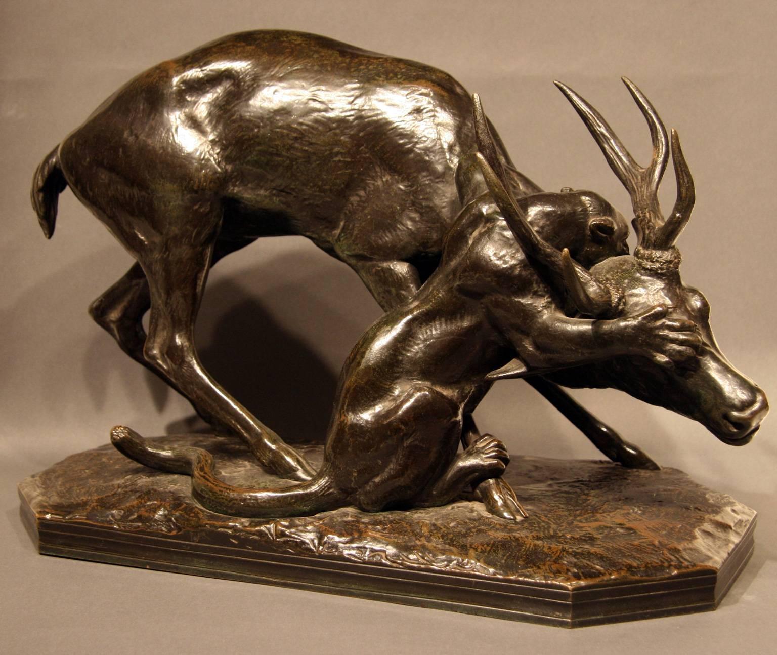 Antoine Bayre Figurative Sculpture - Panthère Saissant un Cerf (Panther Seizing a Stag) - Bronze with Black Patina