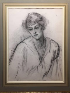 Young Woman in Thought - Black Chalk on Paper - French