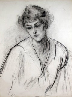 Young Woman in Thought - Black Chalk on Paper - French