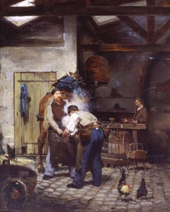 At the Blacksmith's - Oil on Panel - Alfred Jacomin - French