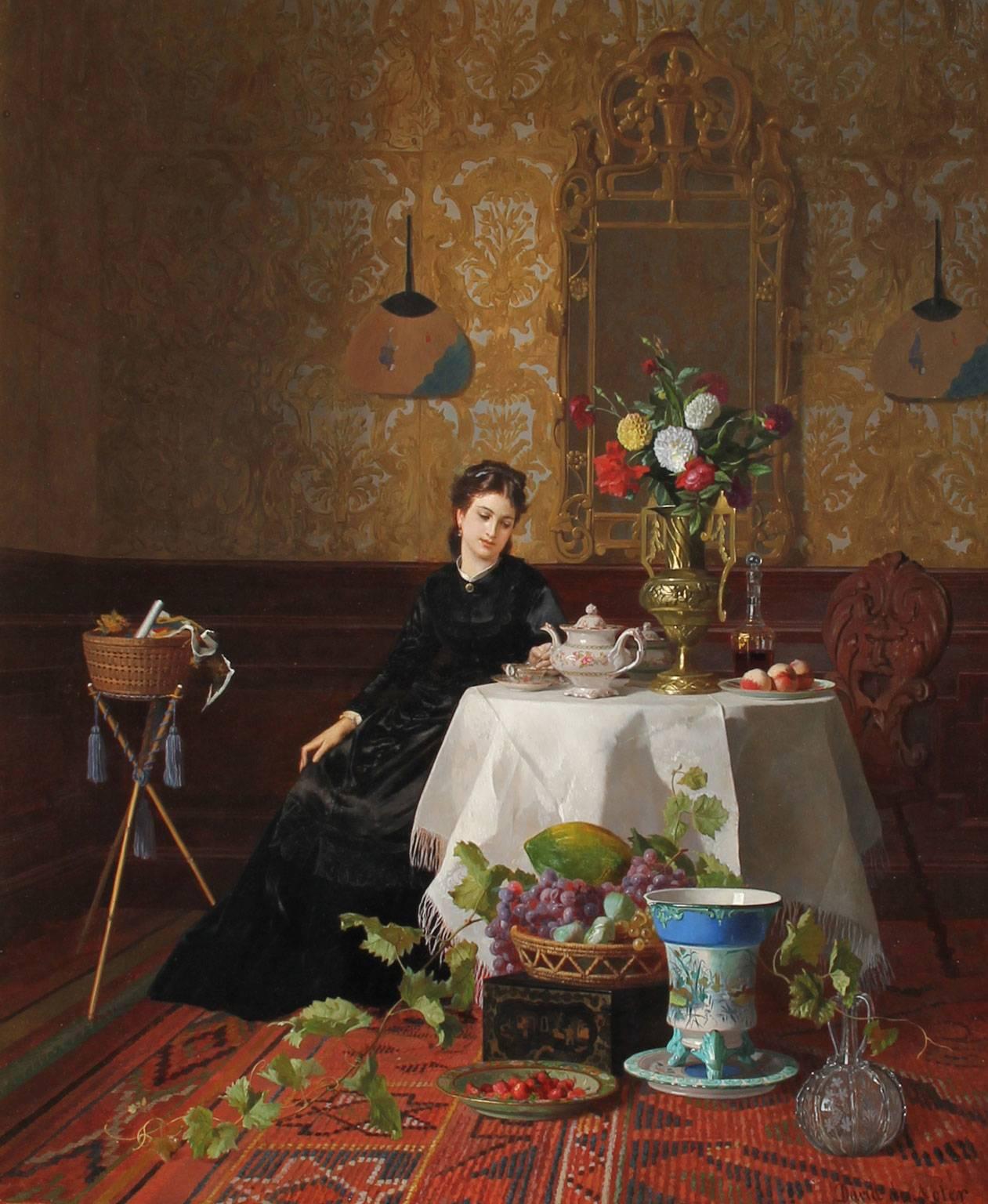 David Emile Joseph de Noter Interior Painting - Taking Tea - David de Noter - Belgian - Oil on Canvas
