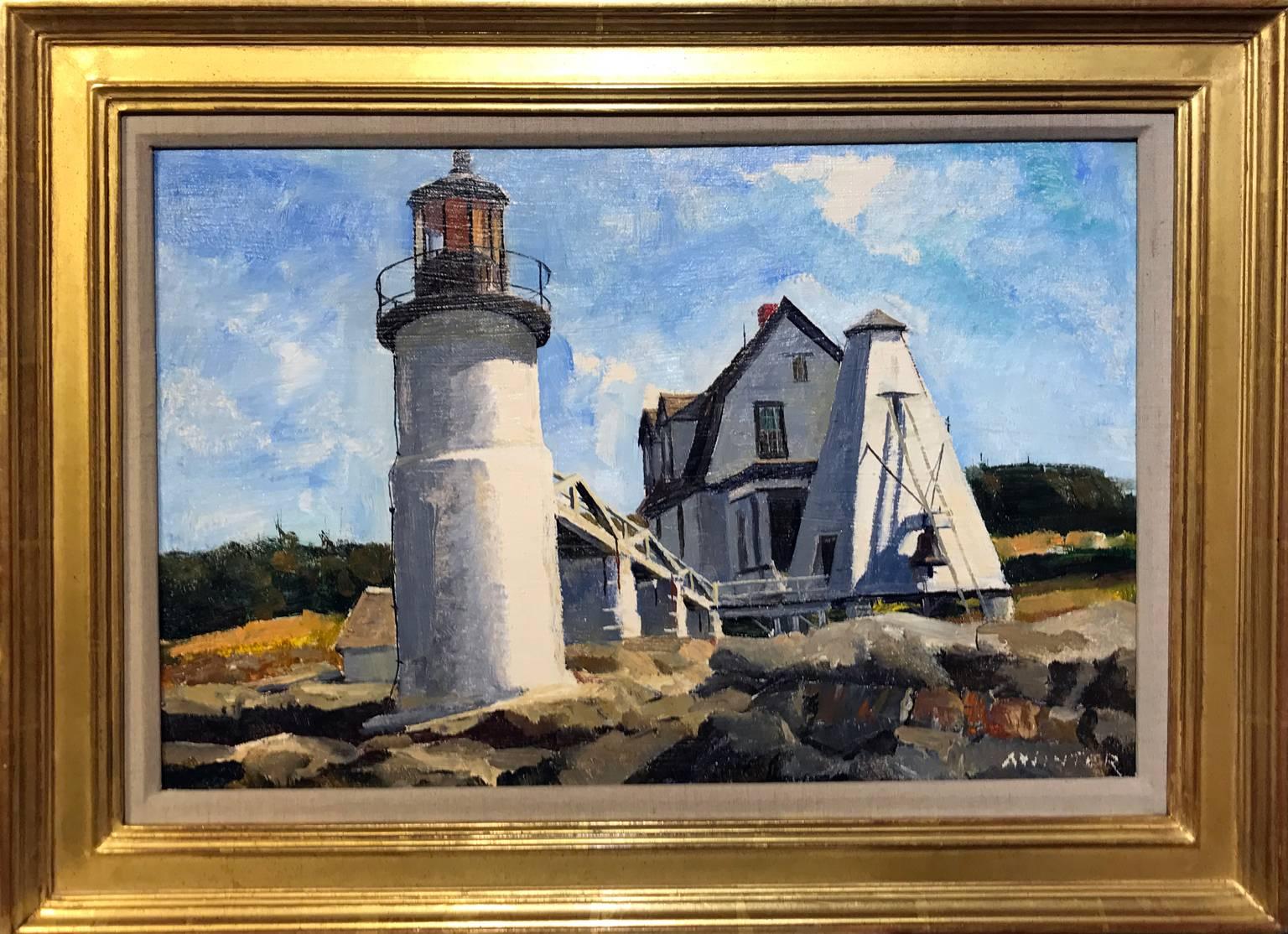 Marshall Point Lighthouse, Port Clyde, Maine, Oil on Artists' Board, American - Painting by Andrew Winter