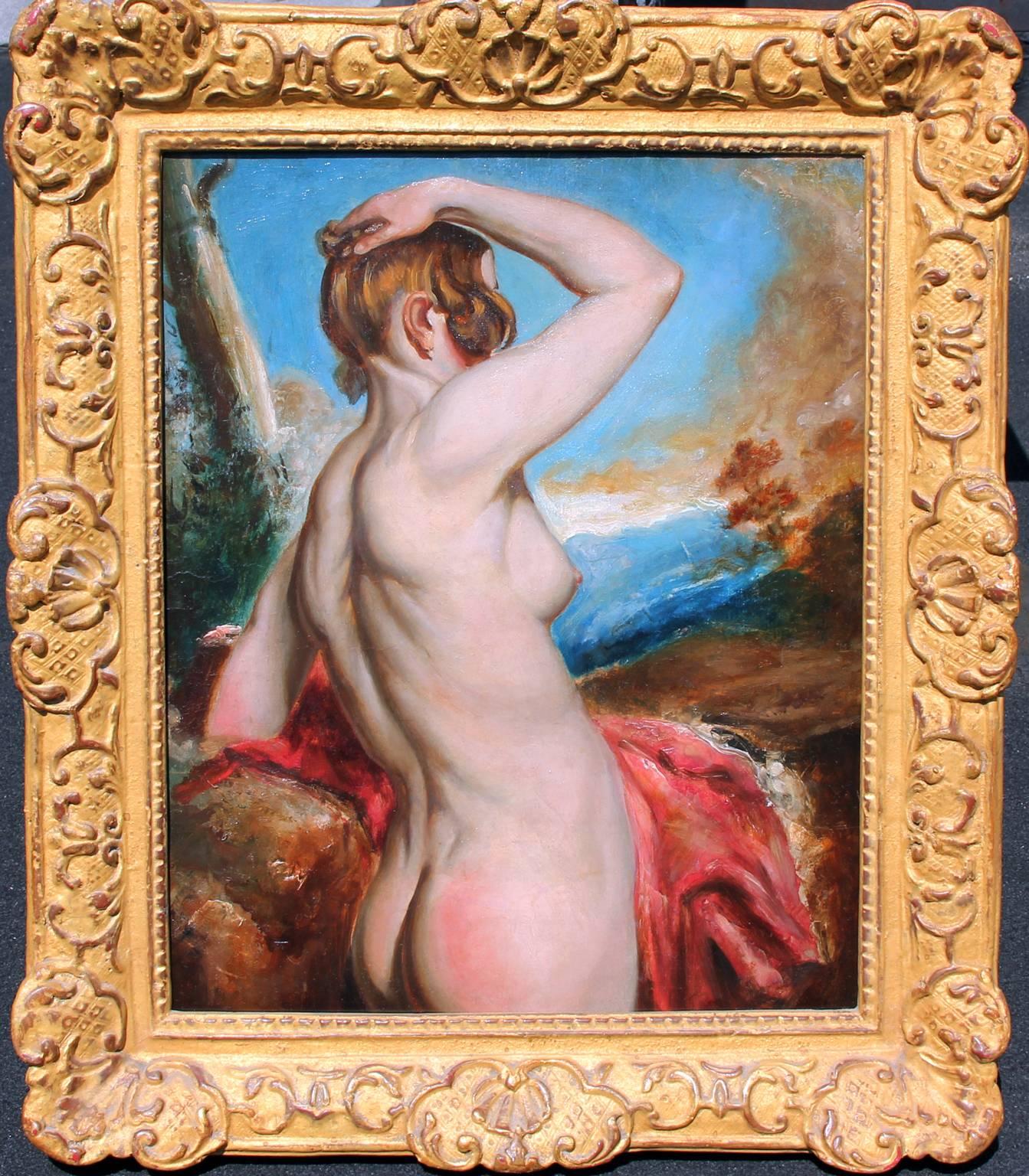 Female Nude with Red Drapery, Oil on Board, British - Painting by William Etty R.A.