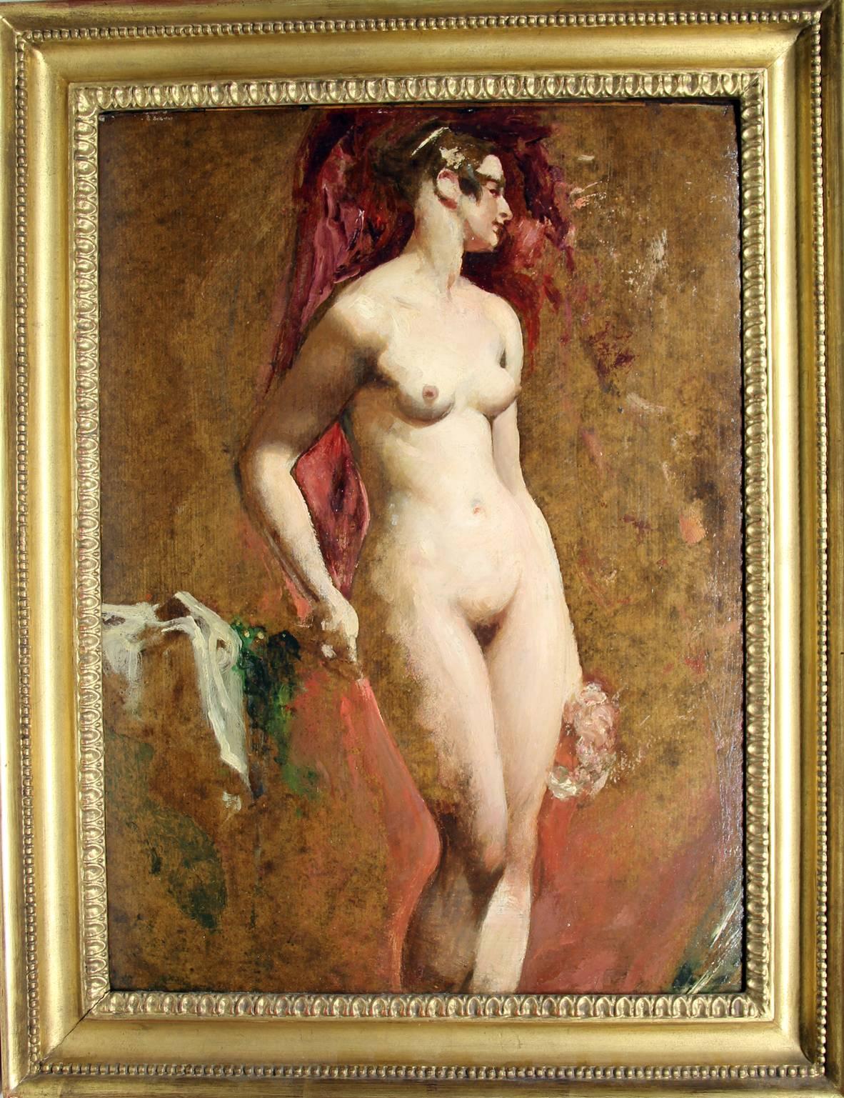 Standing Female Nude, Oil on Millboard, Circa 1845, British - Painting by William Etty R.A.