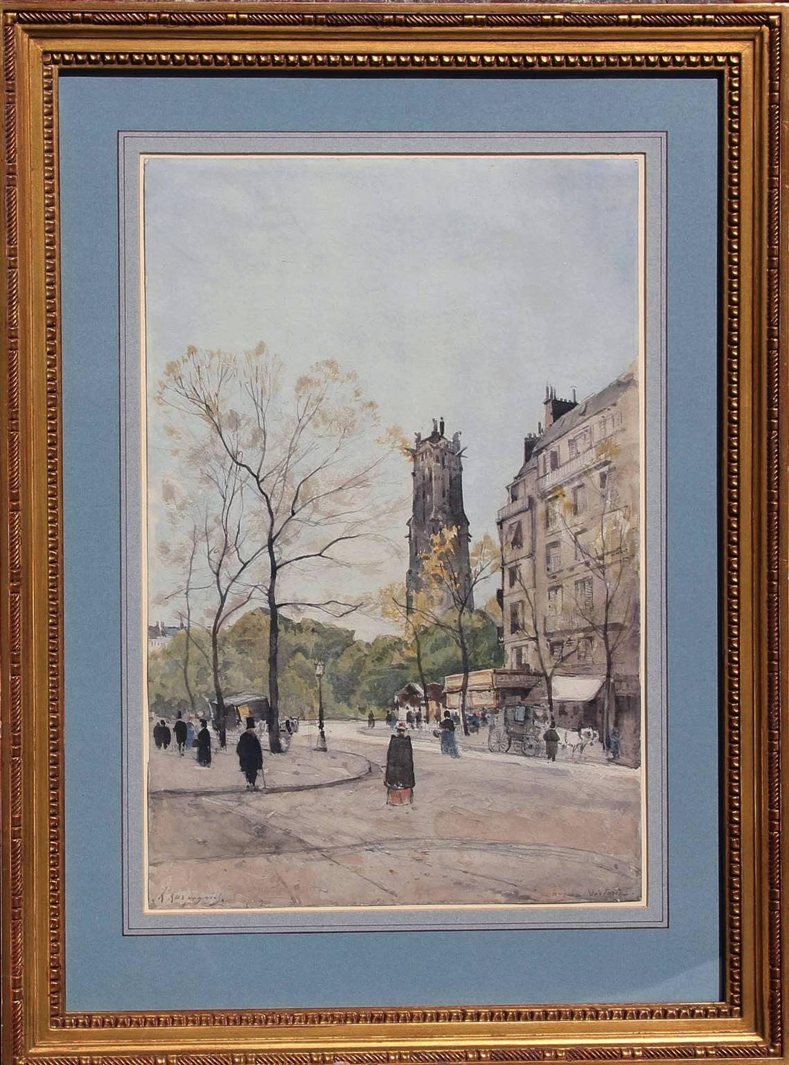 La Tour St. Jacques from Avenue Victoria, Paris, Watercolor on Paper, French - Art by Henri Joseph Harpignies