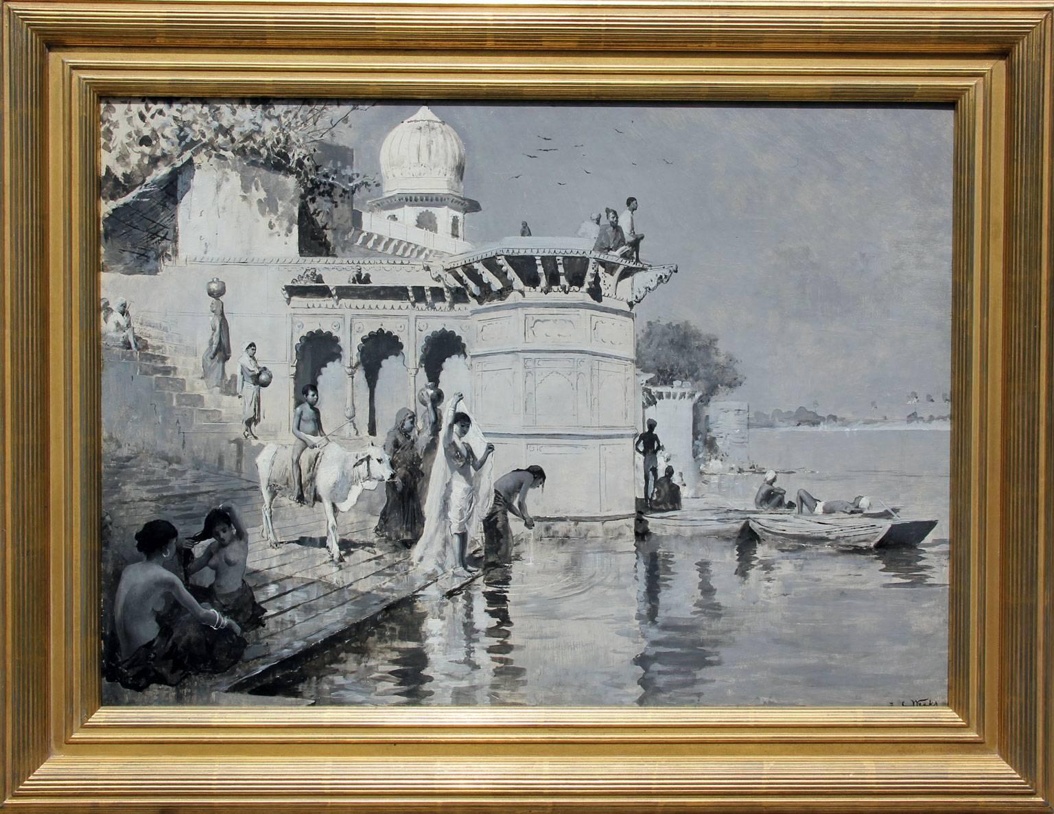 Along the Ghats, Mathura, India, Oil on Board, Edwin Lord Weeks, 1890 For Sale 1