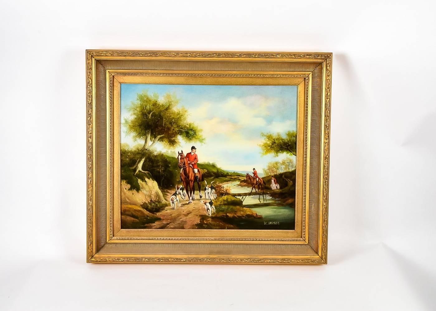 W. Larsen Figurative Painting - Antique English Fox Hunt Oil Painting Signed by Artist