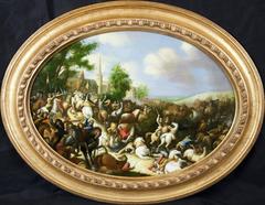 Remarkable Oval Italian Oil Painting of Battle Scene